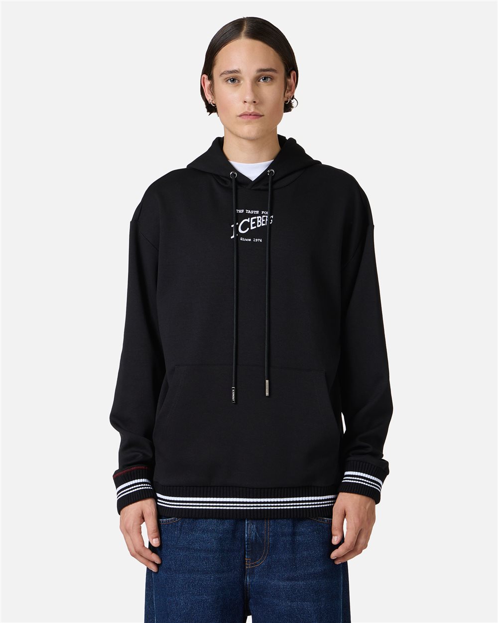 Regular fit hoodie in black scuba with Iceberg logo embroidery and striped ribs - Iceberg - Official Website