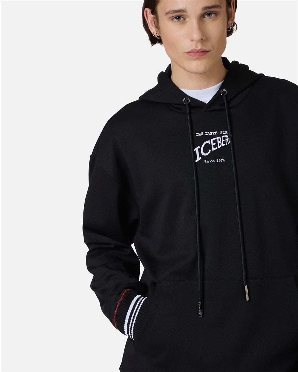 Regular fit hoodie in black scuba with Iceberg logo embroidery and striped ribs - Iceberg - Official Website