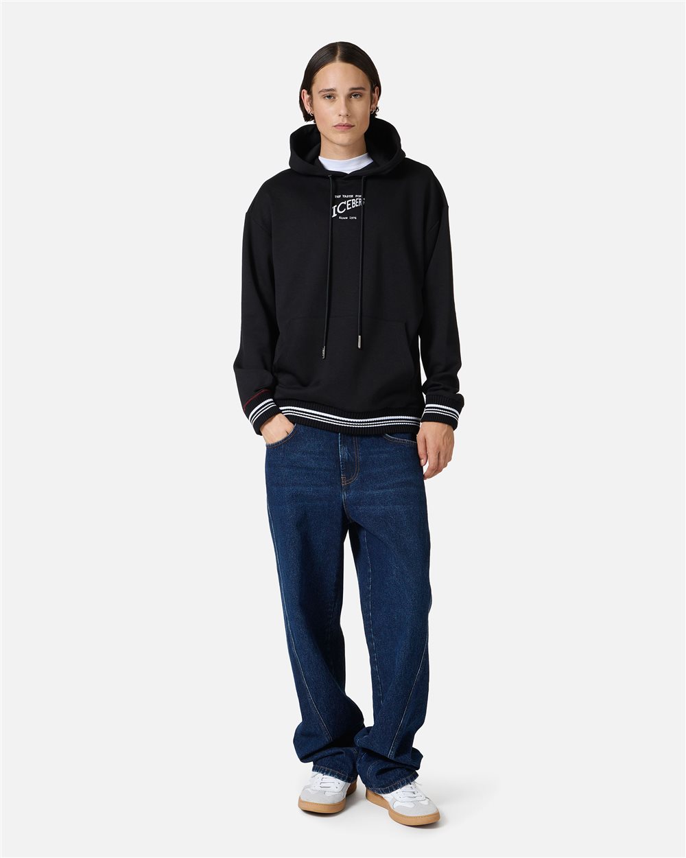 Regular fit hoodie in black scuba with Iceberg logo embroidery and striped ribs - Iceberg - Official Website