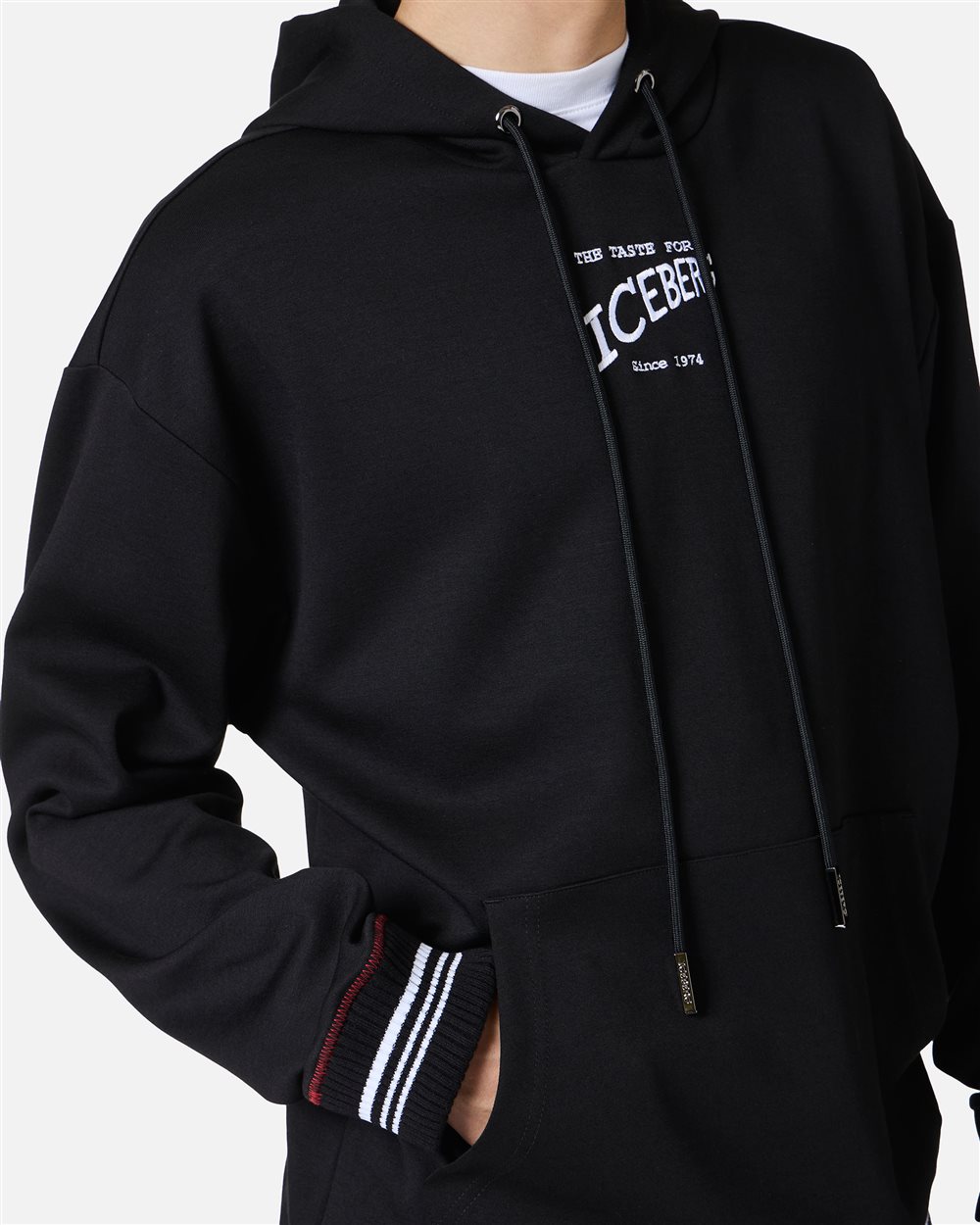 Regular fit hoodie in black scuba with Iceberg logo embroidery and striped ribs - Iceberg - Official Website
