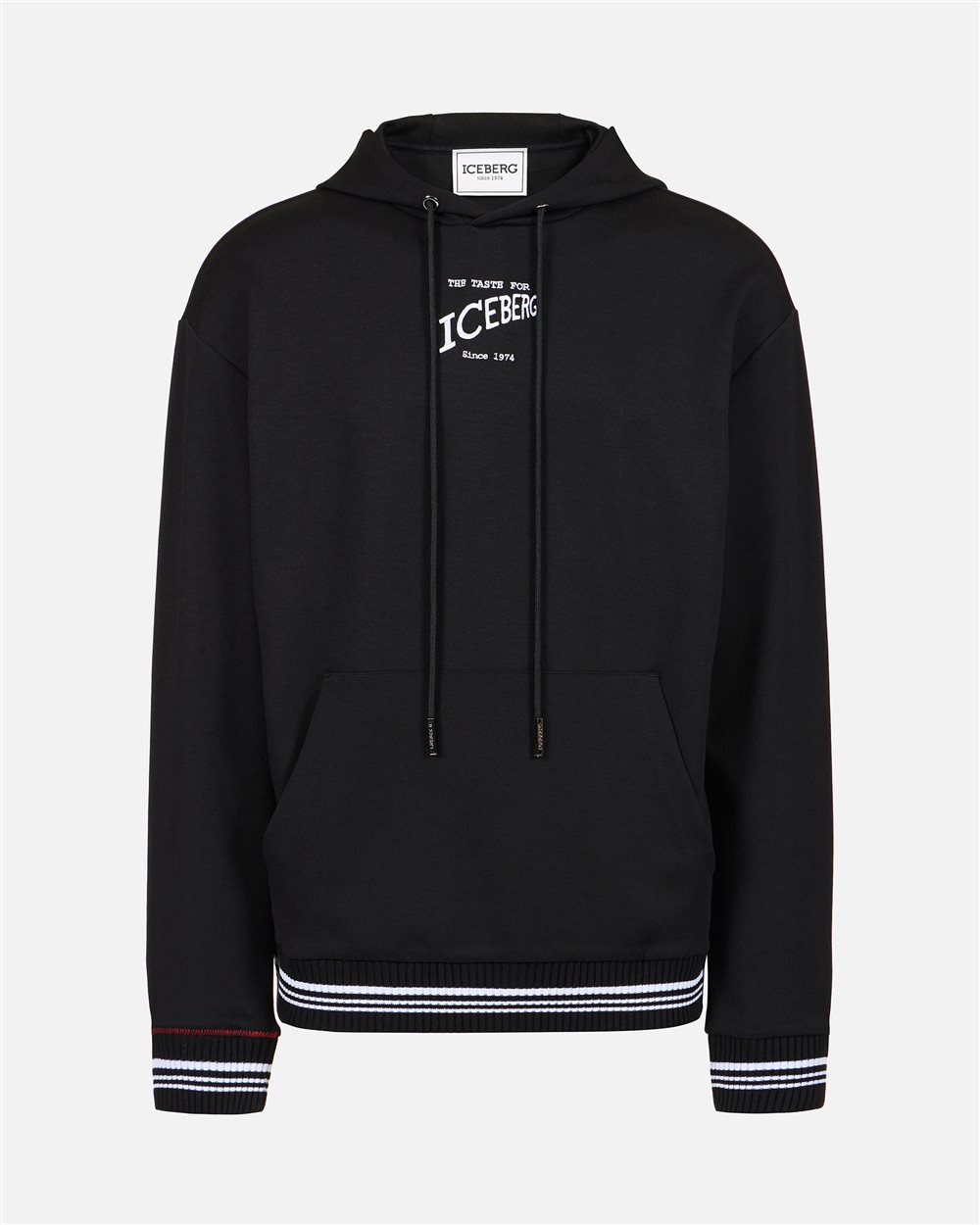 Regular fit hoodie in black scuba with Iceberg logo embroidery and striped ribs - Iceberg - Official Website