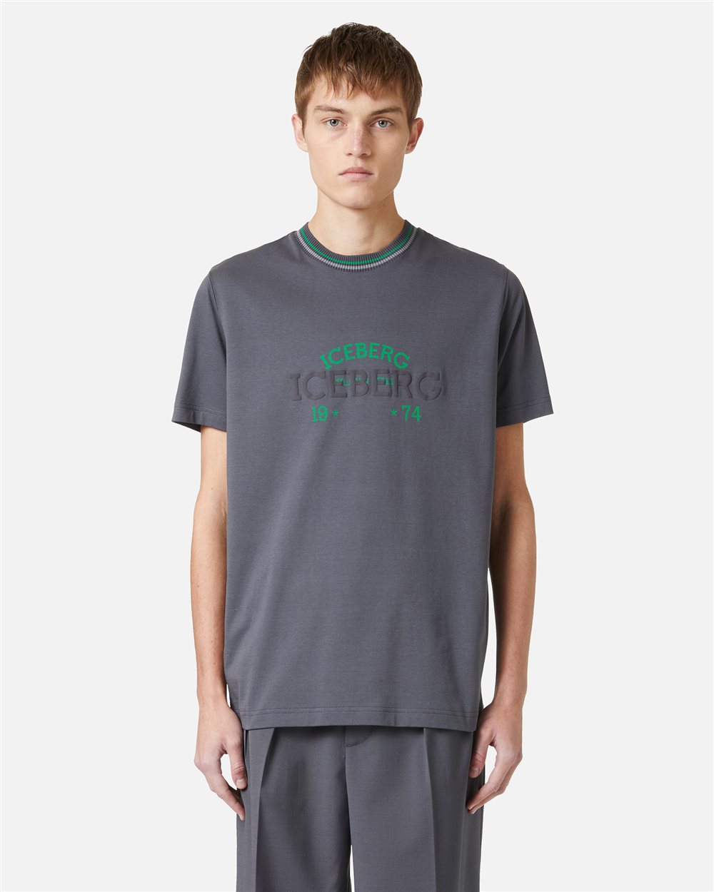 Slim fit dark grey T-shirt with embroidered Iceberg logo and front print - Iceberg - Official Website