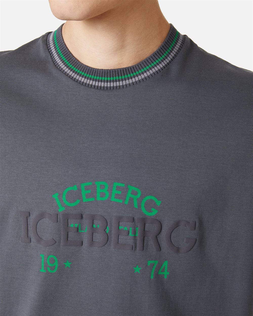 Slim fit dark grey T-shirt with embroidered Iceberg logo and front print - Iceberg - Official Website