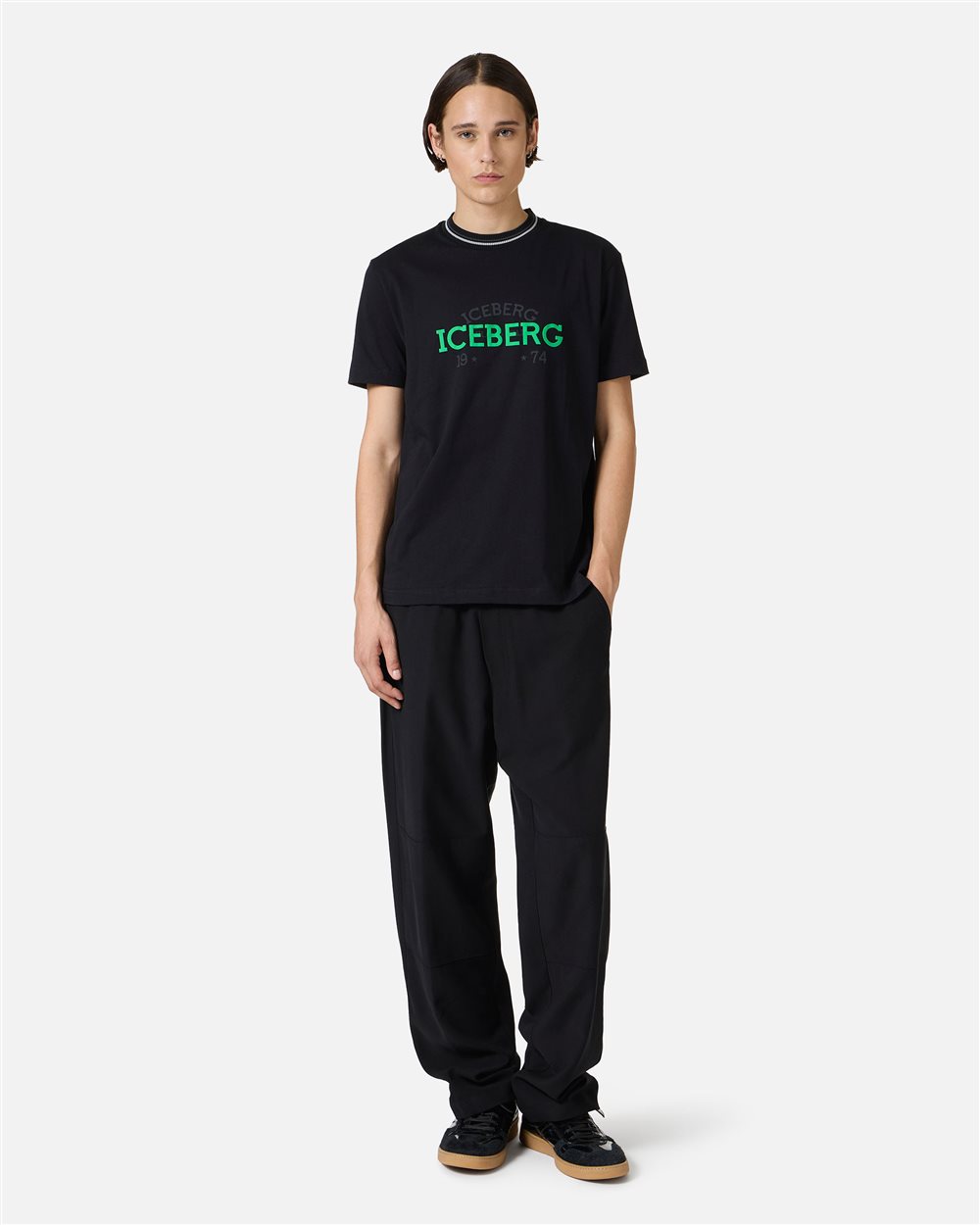 Black slim-fit T-shirt with embroidered Iceberg logo and front print - Iceberg - Official Website