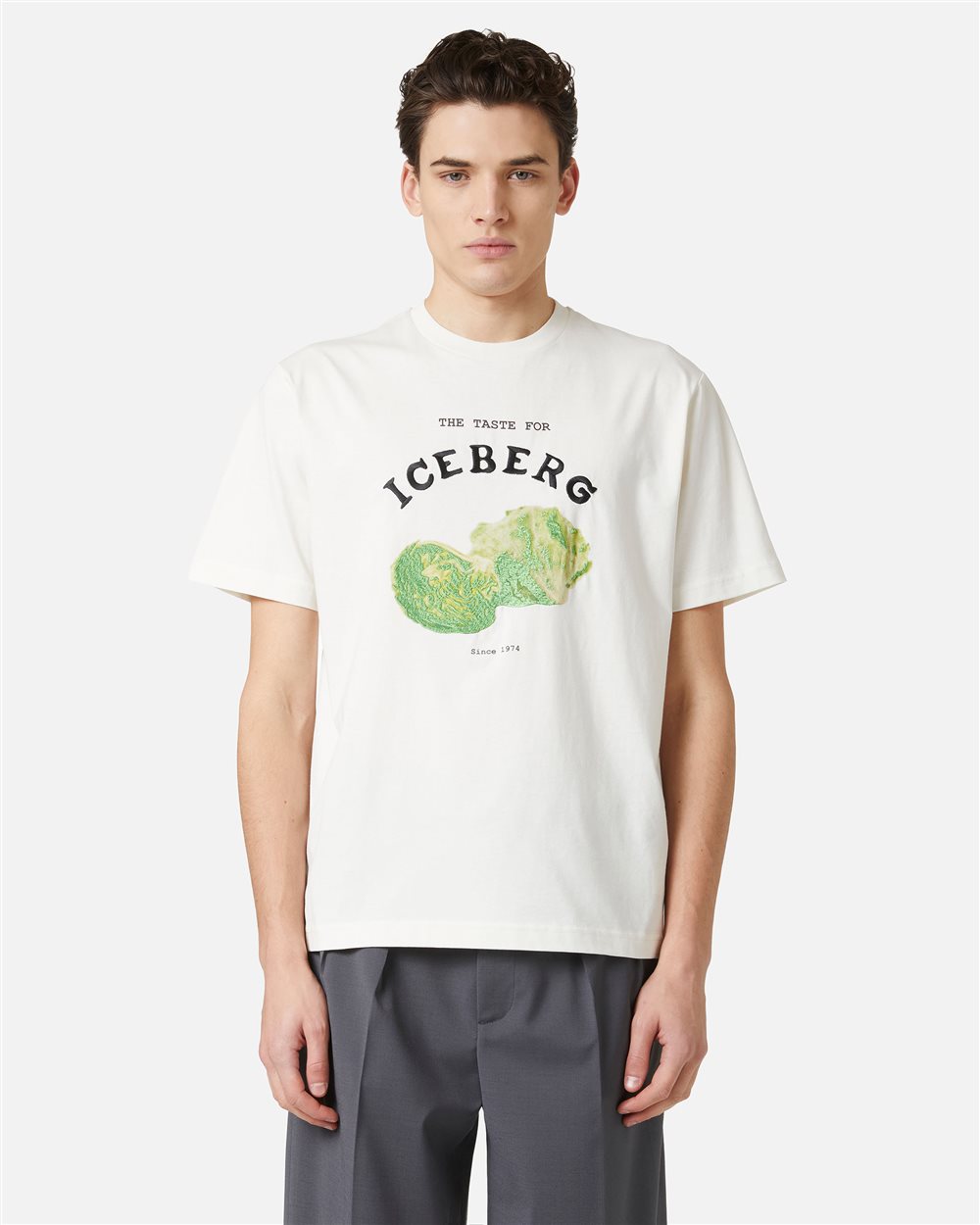 Regular-fit vanilla cotton T-shirt with Iceberg Salad print and embroidery - Iceberg - Official Website