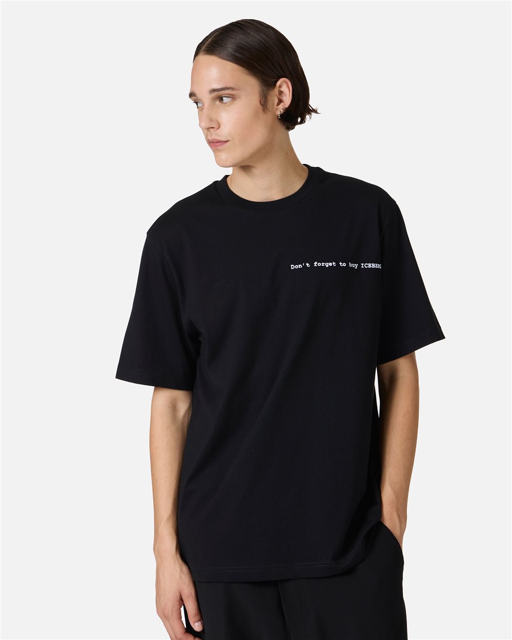 Regular-fit black cotton jersey T-shirt with front embroidery and To Buy Iceberg print on the back - Iceberg - Official Website