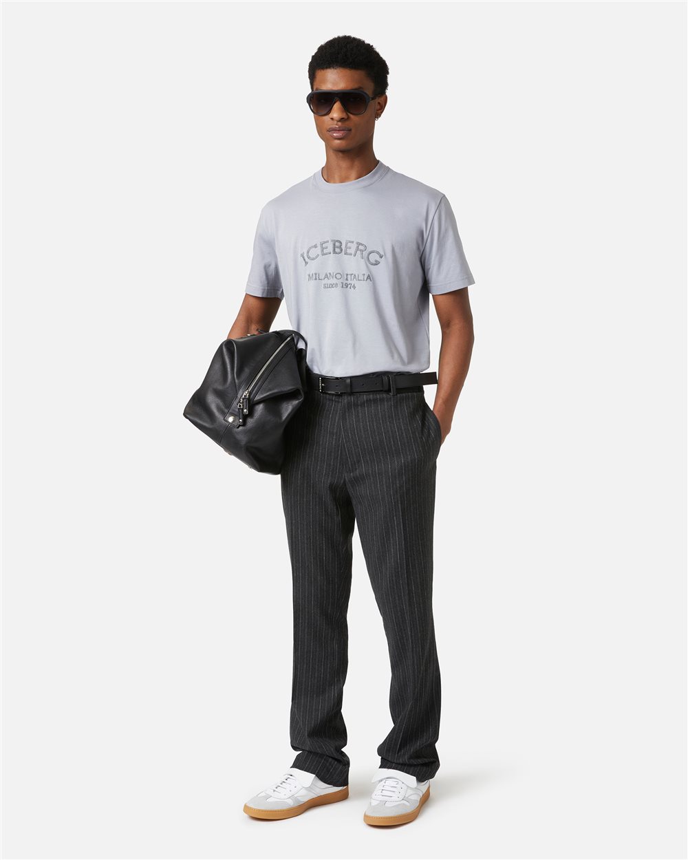 Light grey regular fit T-shirt with Iceberg Milano Italia embroidery in wool thread - Iceberg - Official Website