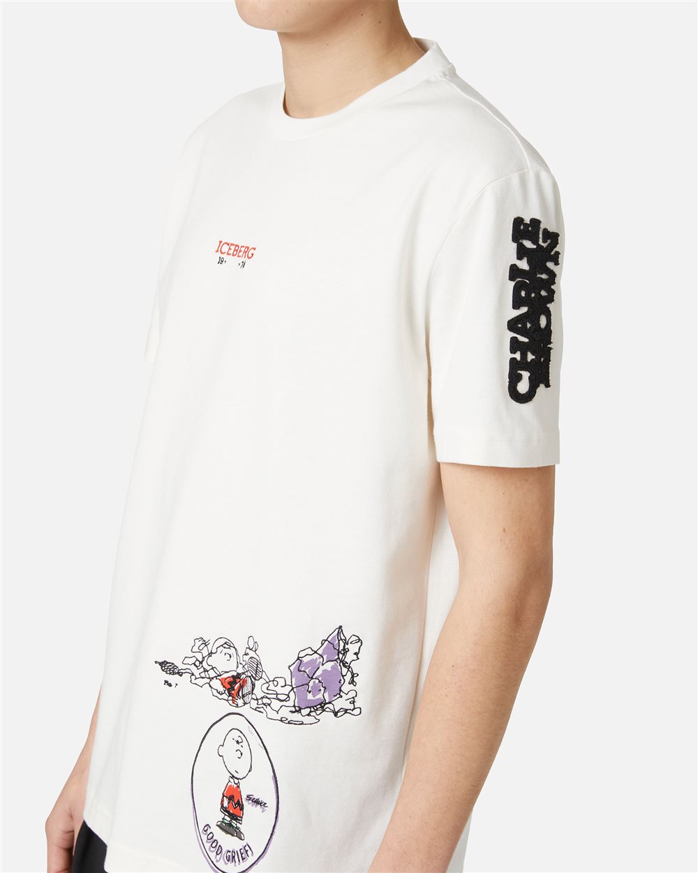 Vanilla classic regular fit T-shirt in compact jersey with mix of Peanuts prints and embroidery - Iceberg - Official Website
