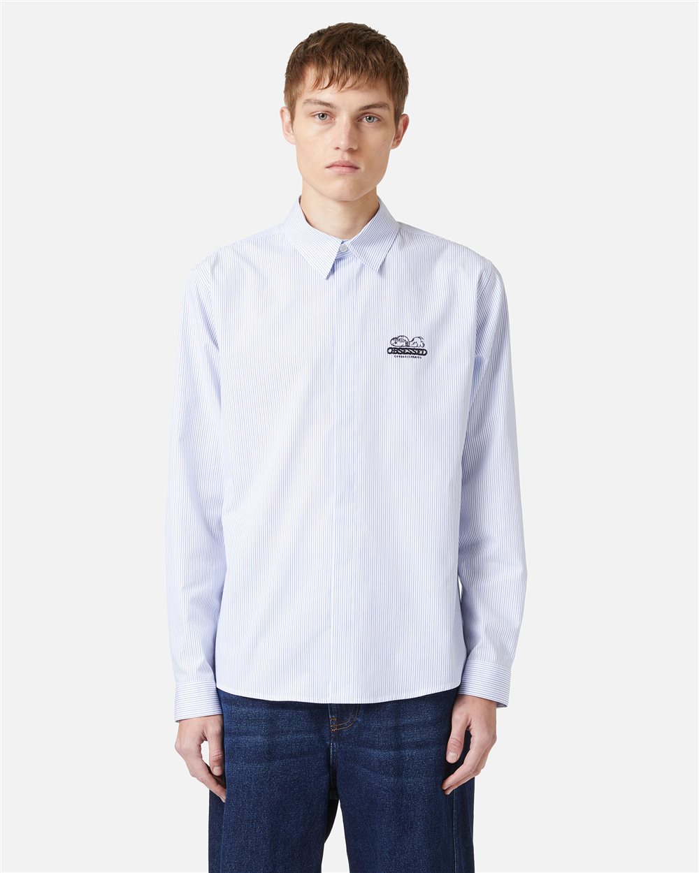 Regular fit white and blue striped poplin shirt with Snoopy embroidery and metallic detail - Iceberg - Official Website
