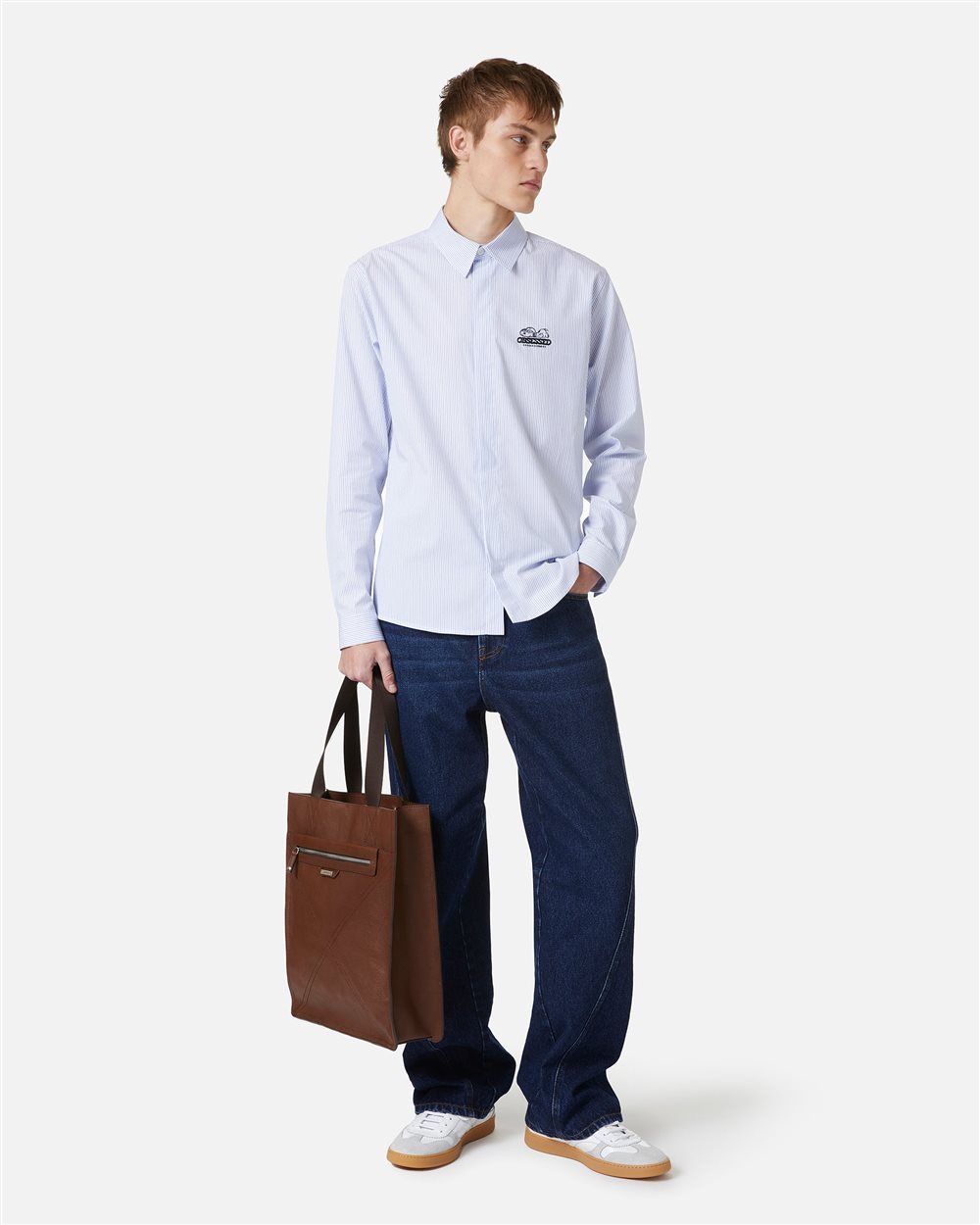 Regular fit white and blue striped poplin shirt with Snoopy embroidery and metallic detail - Iceberg - Official Website
