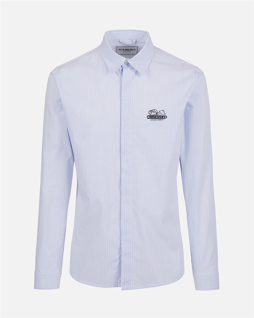 Regular fit white and blue striped poplin shirt with Snoopy embroidery and metallic detail - Iceberg - Official Website