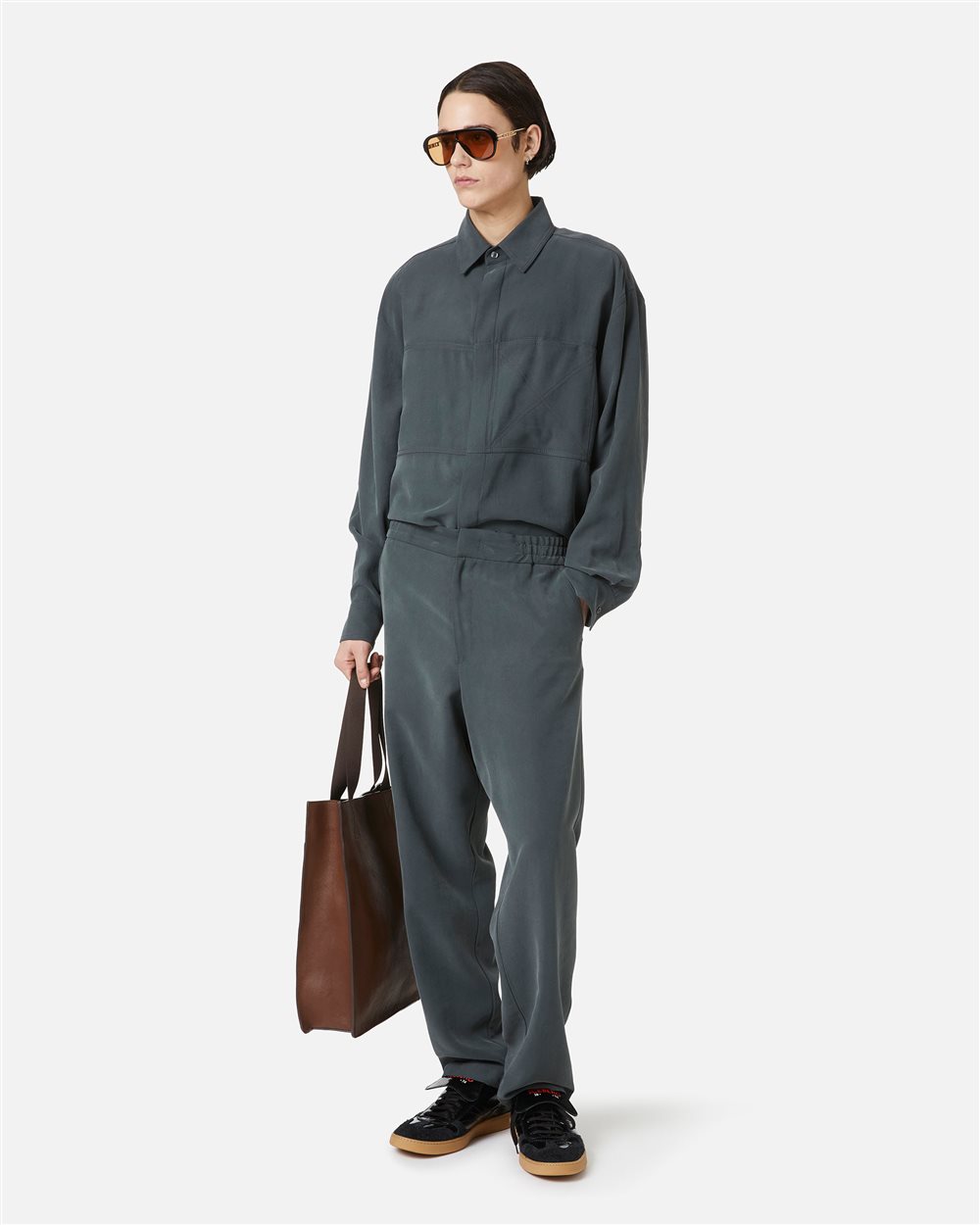 Dark grey over-fit shirt in fluid twill with tone-on-tone stitching and metallic detail - Iceberg - Official Website