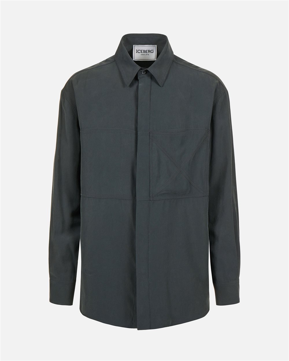 Dark grey over-fit shirt in fluid twill with tone-on-tone stitching and metallic detail - Iceberg - Official Website