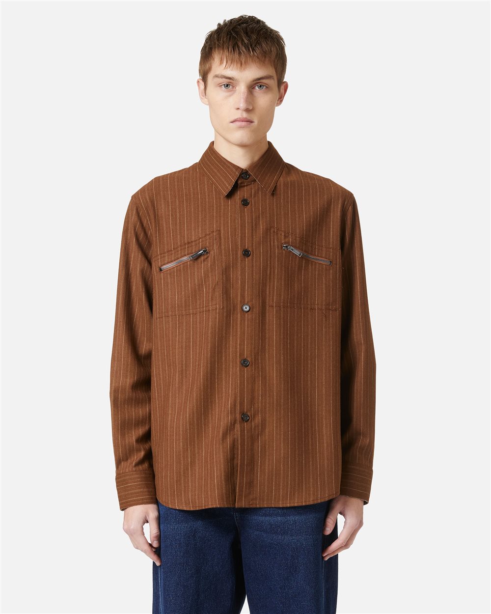 Regular fit hazelnut shirt in cool pinstriped wool with shaped pockets and Iceberg logo zip - Iceberg - Official Website