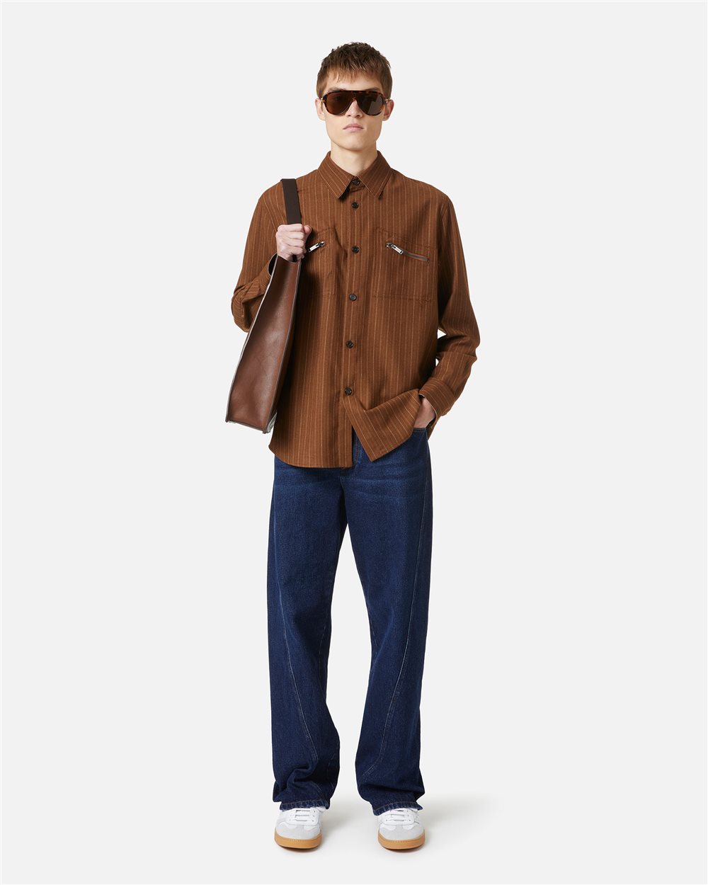 Regular fit hazelnut shirt in cool pinstriped wool with shaped pockets and Iceberg logo zip - Iceberg - Official Website