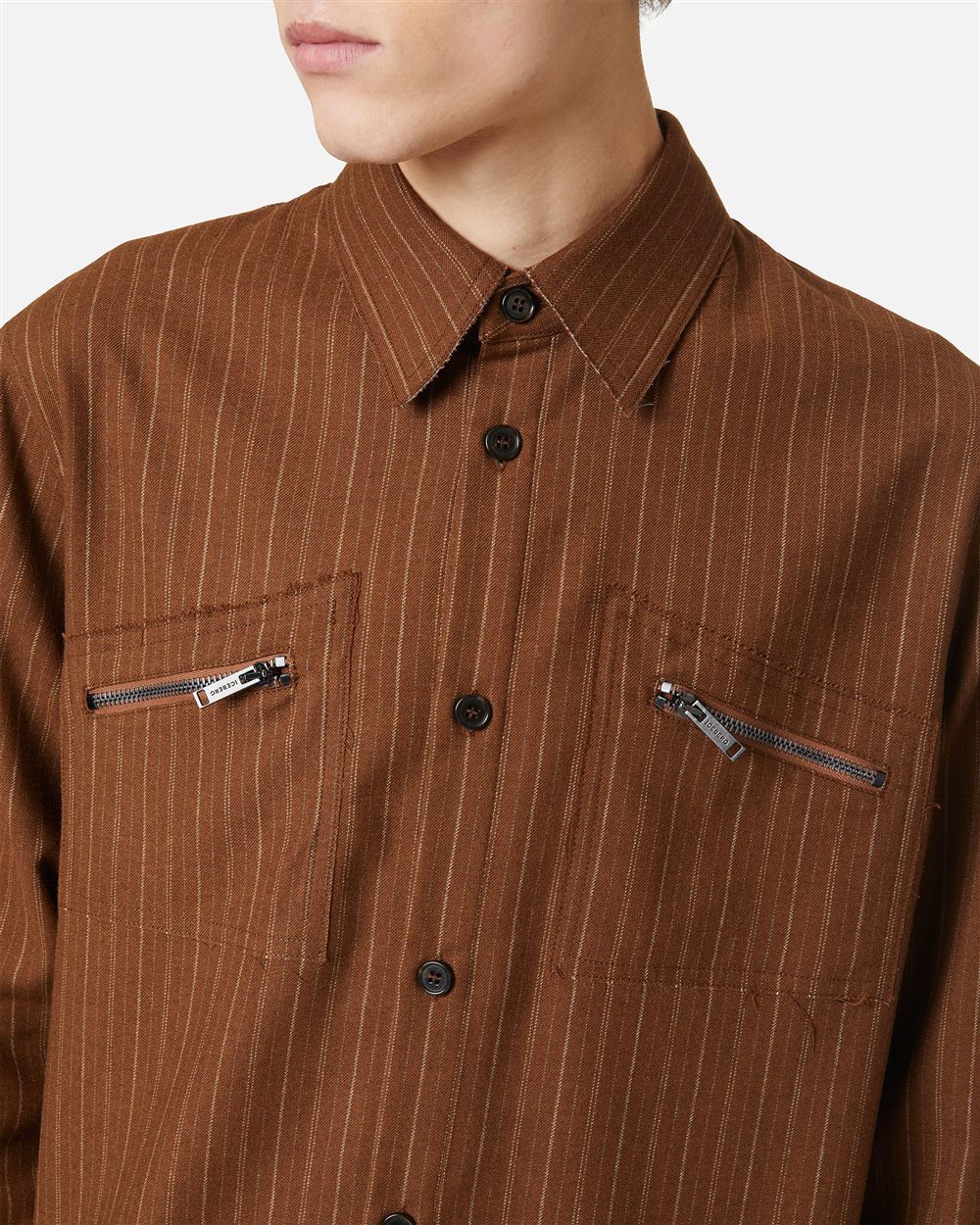Regular fit hazelnut shirt in cool pinstriped wool with shaped pockets and Iceberg logo zip - Iceberg - Official Website