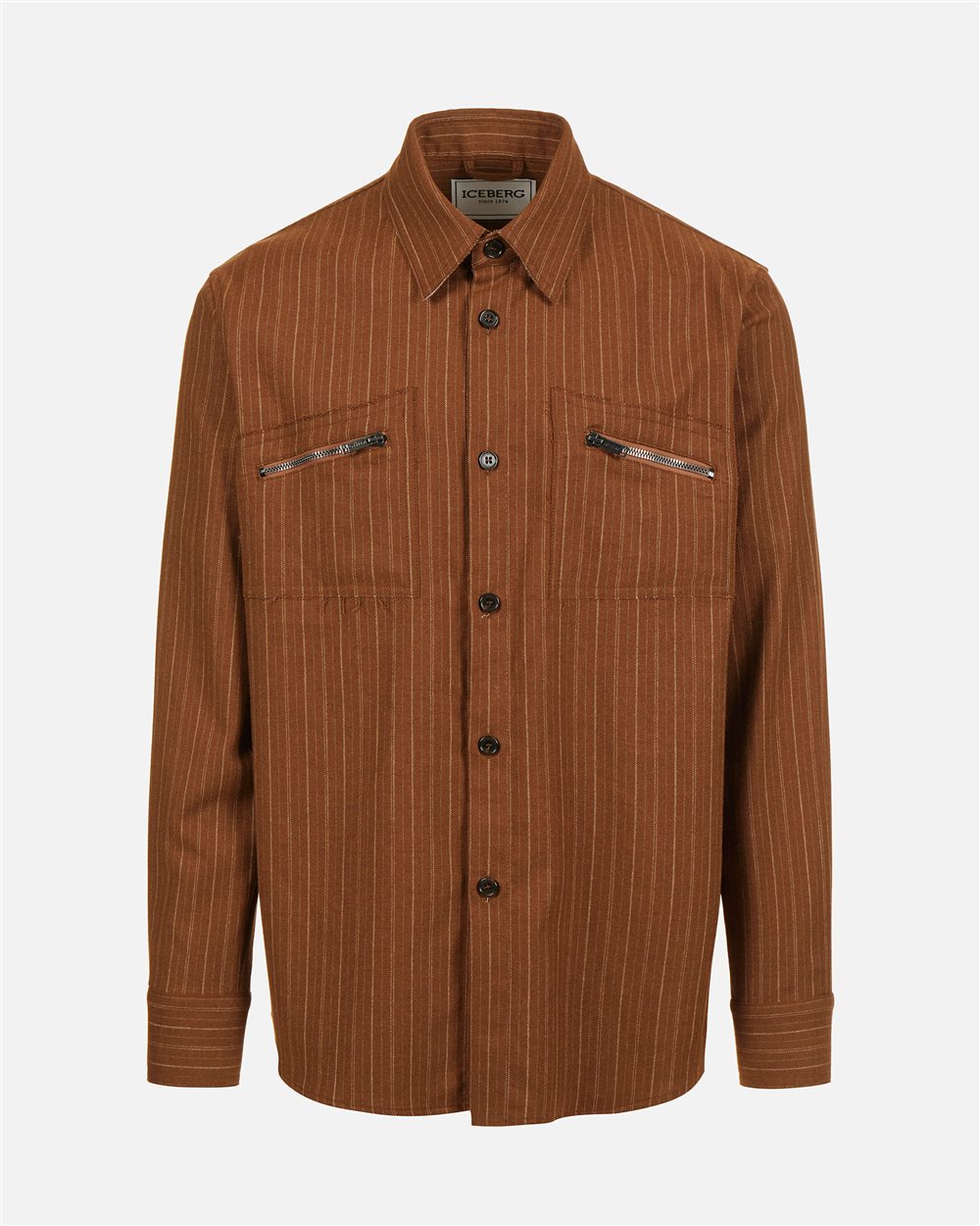 Regular fit hazelnut shirt in cool pinstriped wool with shaped pockets and Iceberg logo zip - Iceberg - Official Website