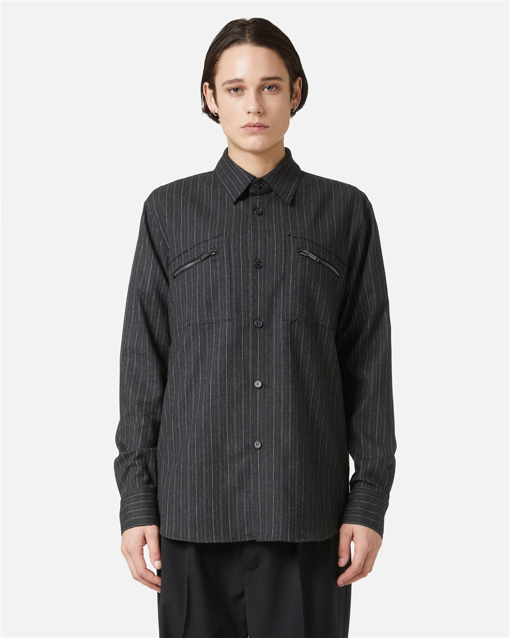 Dark grey regular fit shirt in cool pinstriped wool with shaped pockets and Iceberg logo zip - Iceberg - Official Website