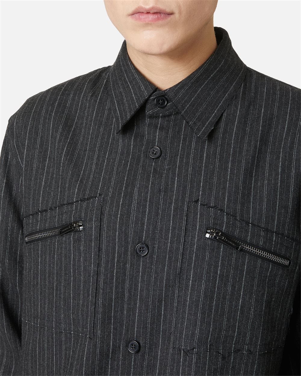 Dark grey regular fit shirt in cool pinstriped wool with shaped pockets and Iceberg logo zip - Iceberg - Official Website