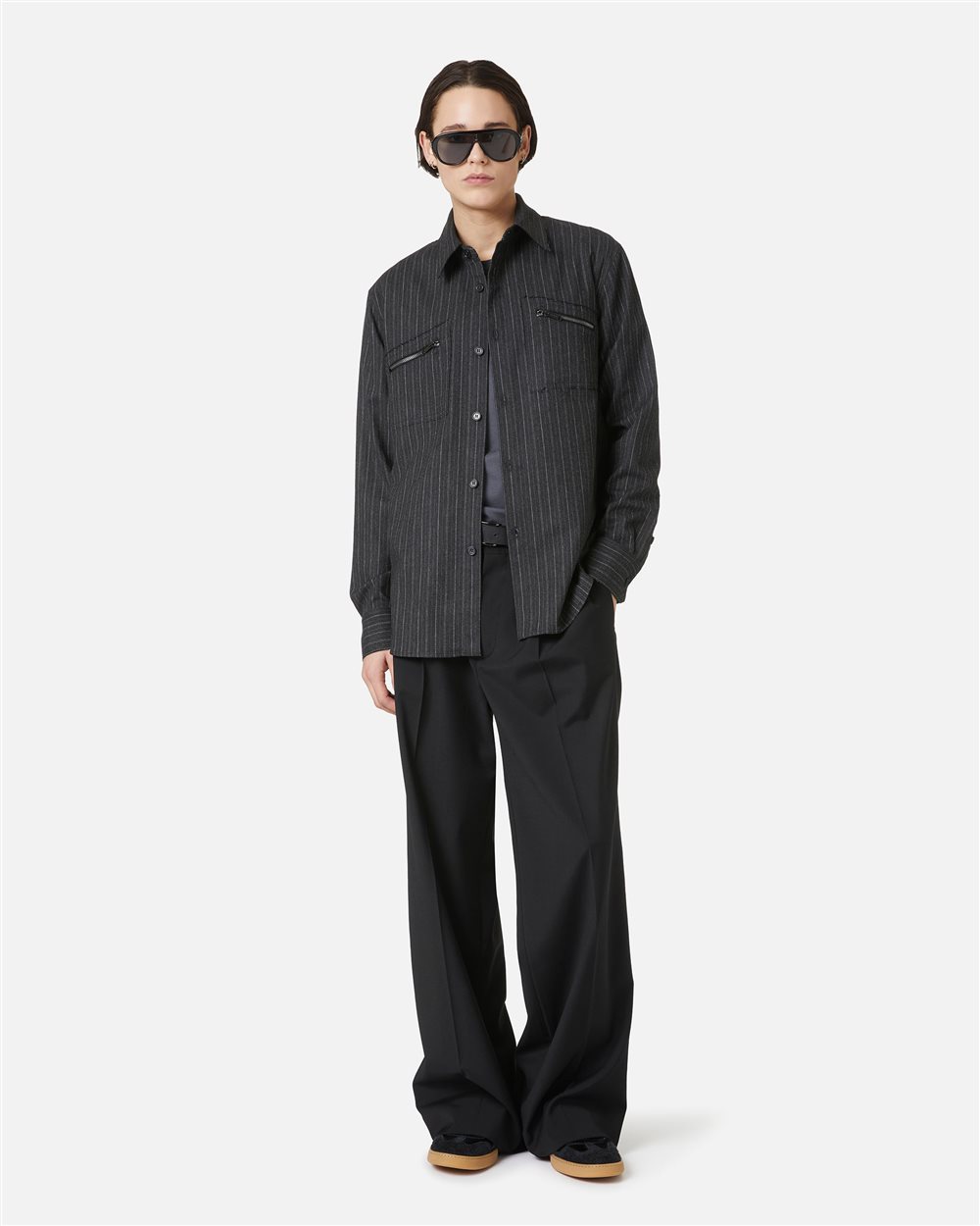 Dark grey regular fit shirt in cool pinstriped wool with shaped pockets and Iceberg logo zip - Iceberg - Official Website