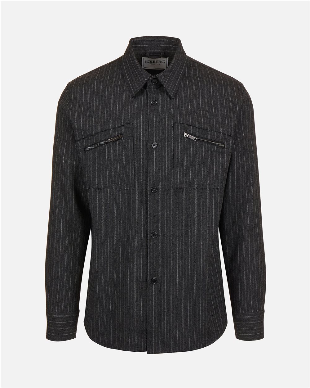 Dark grey regular fit shirt in cool pinstriped wool with shaped pockets and Iceberg logo zip - Iceberg - Official Website