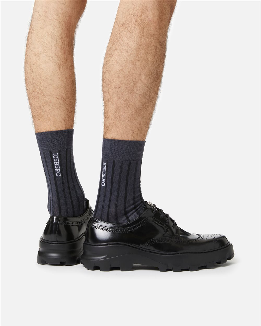 Dark grey ribbed wool sock with jacquard logo - Iceberg - Official Website