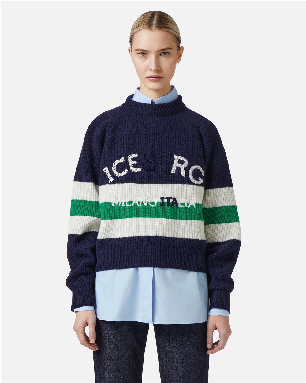 Multicolor crewneck sweater in lambswool with corn stitch - Iceberg - Official Website