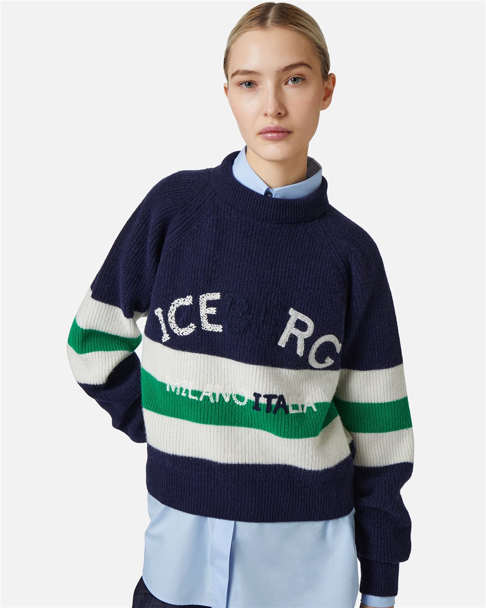 Multicolor crewneck sweater in lambswool with corn stitch - Iceberg - Official Website