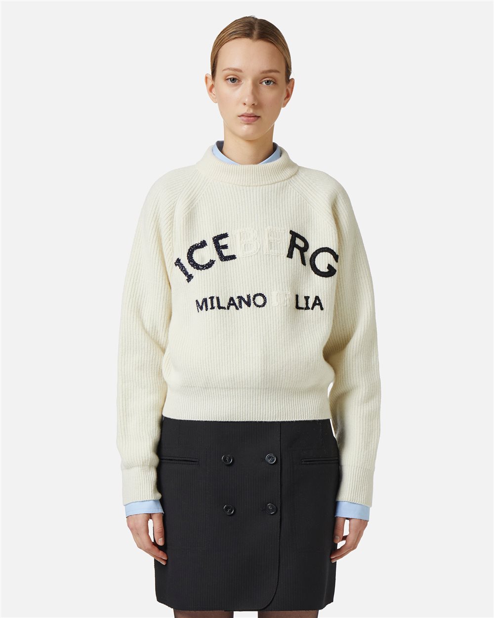 Milky white lambswool sweater with corn stitch - Iceberg - Official Website