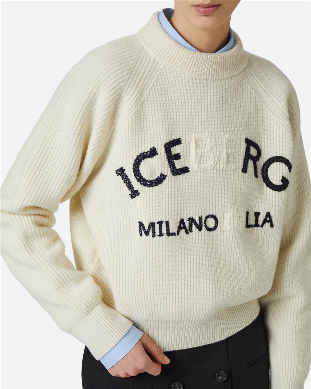 Milky white lambswool sweater with corn stitch - Iceberg - Official Website