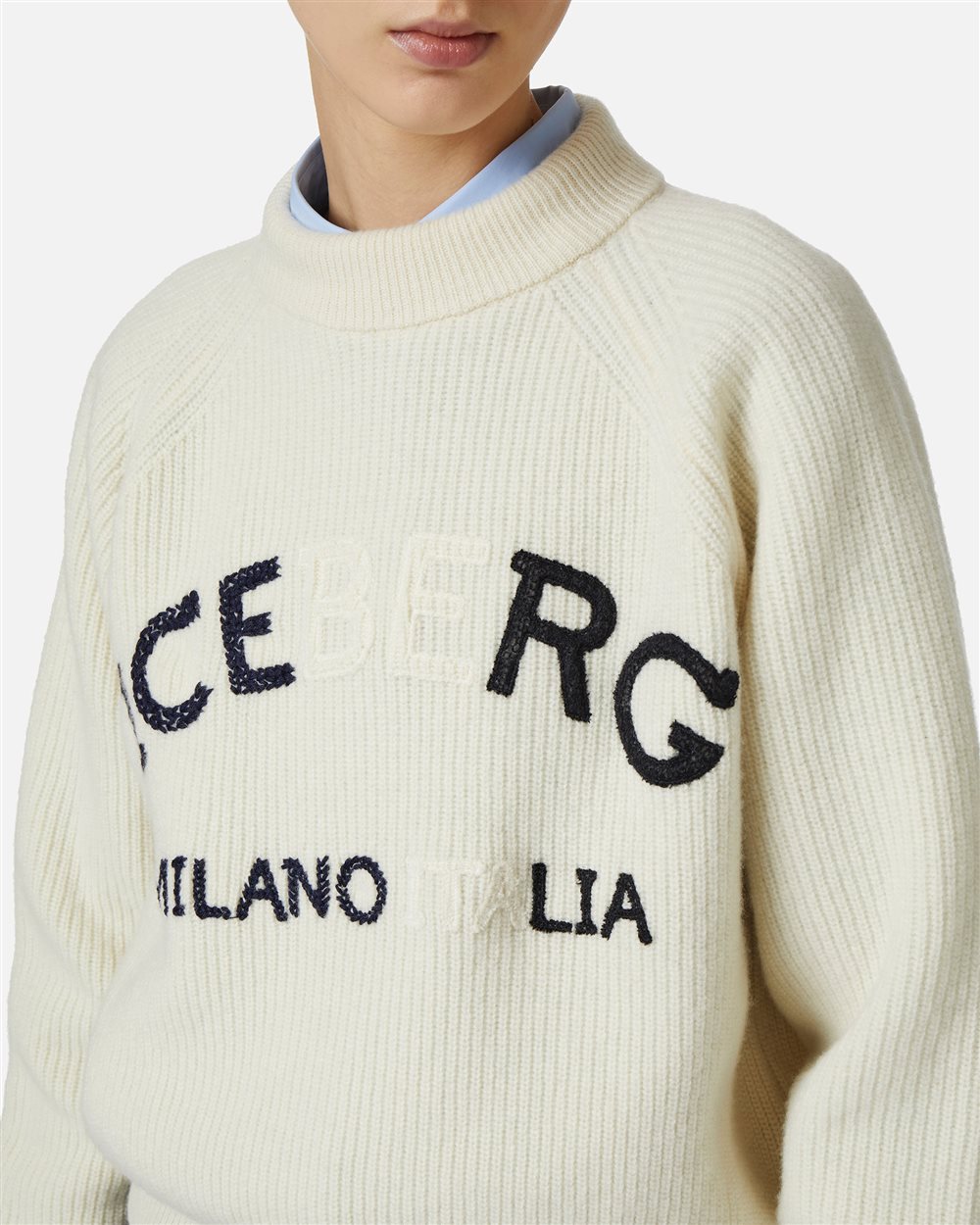 Milky white lambswool sweater with corn stitch - Iceberg - Official Website