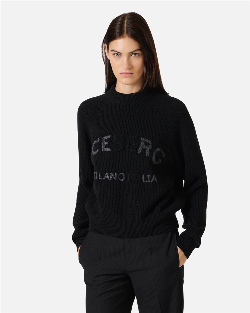 Black lambswool sweater with corn stitch - Iceberg - Official Website