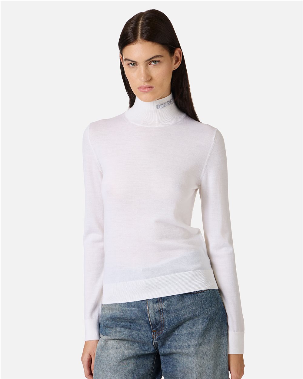 Ivory turtleneck sweater in extra-fine Merino wool with Iceberg logo inlaid on the collar - Iceberg - Official Website