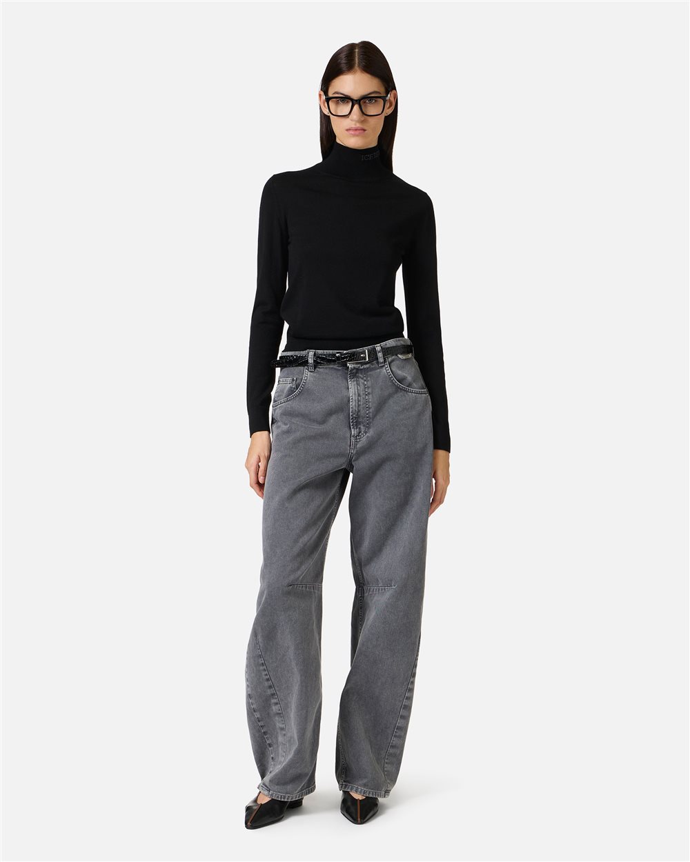 Black turtleneck sweater in extra-fine Merino wool with Iceberg logo inlaid on the collar - Iceberg - Official Website