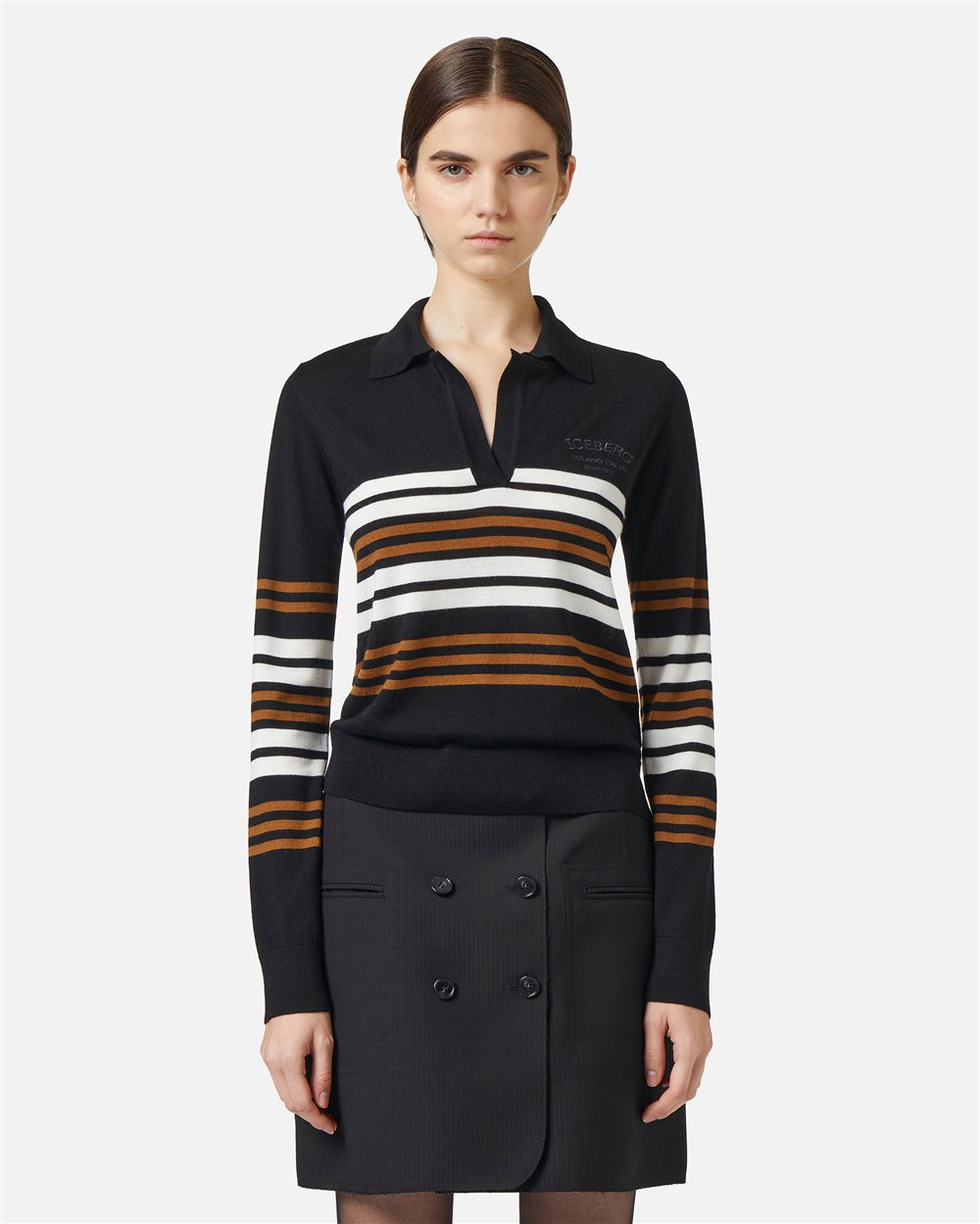 Long-sleeved polo shirt in extra-fine Merino wool with Iceberg Milano tone-on-tone customization - Iceberg - Official Website