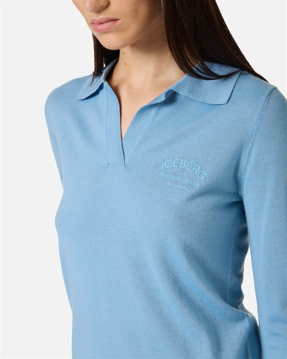 Long-sleeved polo shirt in extra-fine Merino wool with Iceberg Milano tone-on-tone customization - Iceberg - Official Website