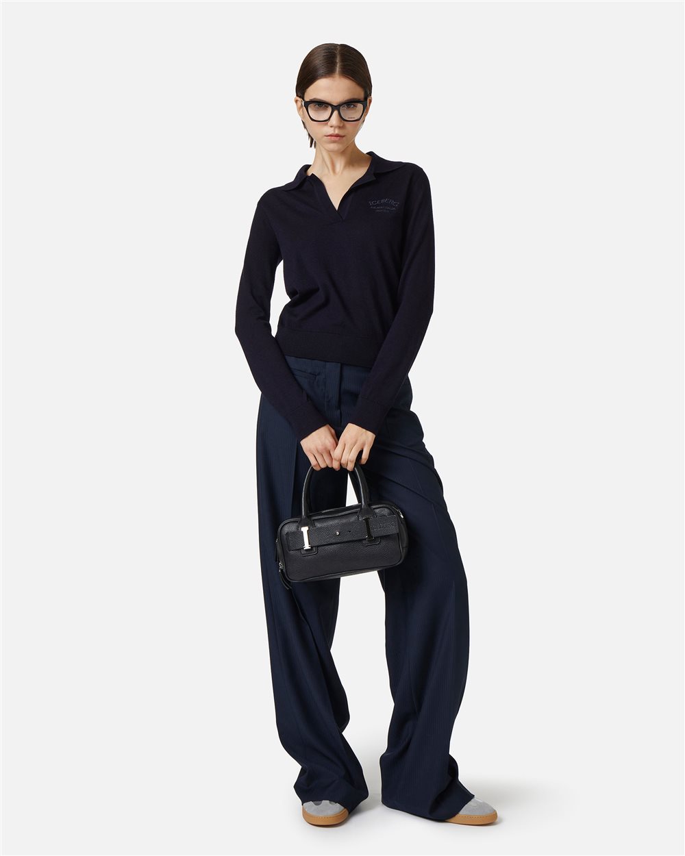 Polo blu a manica lunga in lana Merinos extrafine con logo Iceberg - Iceberg - Official Website