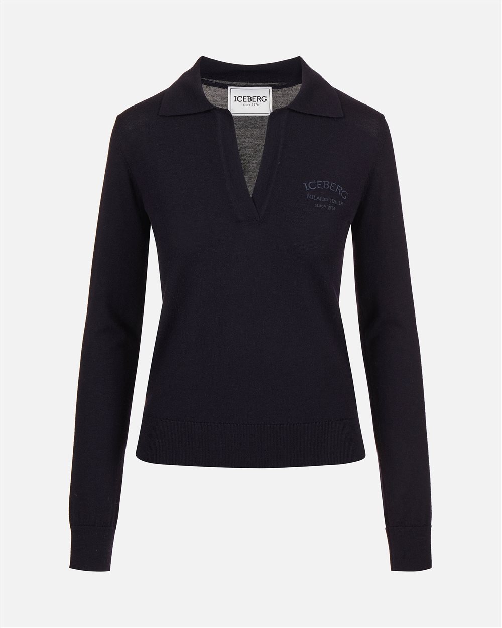 Polo blu a manica lunga in lana Merinos extrafine con logo Iceberg - Iceberg - Official Website