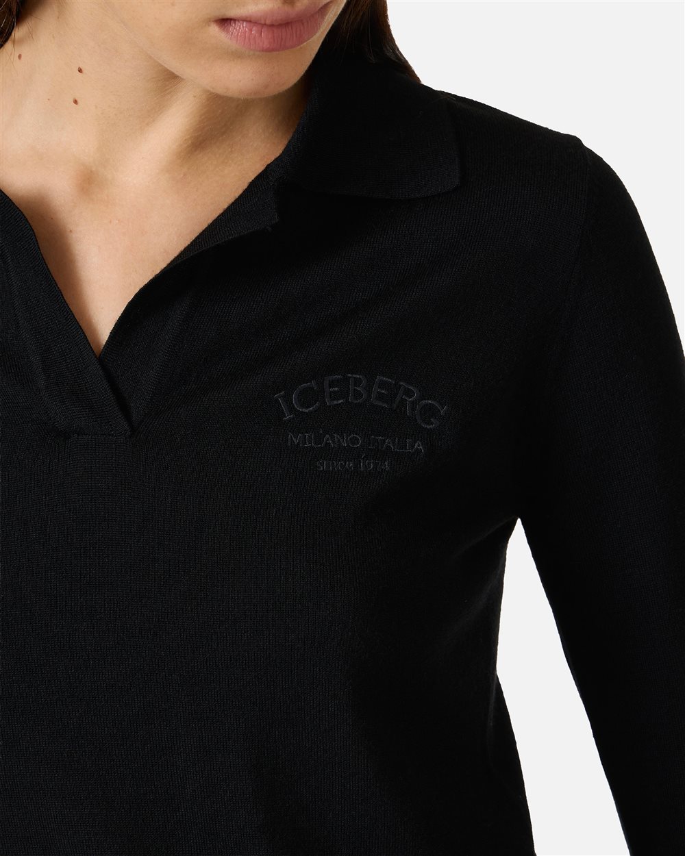 Black long-sleeved polo shirt in extra-fine Merino wool with Iceberg logo - Iceberg - Official Website