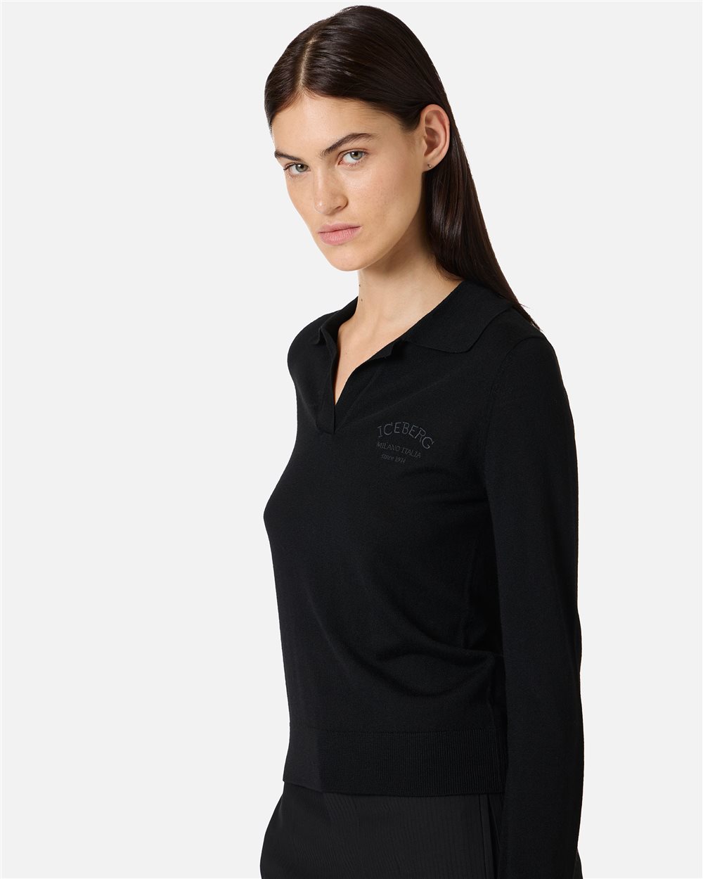 Black long-sleeved polo shirt in extra-fine Merino wool with Iceberg logo - Iceberg - Official Website