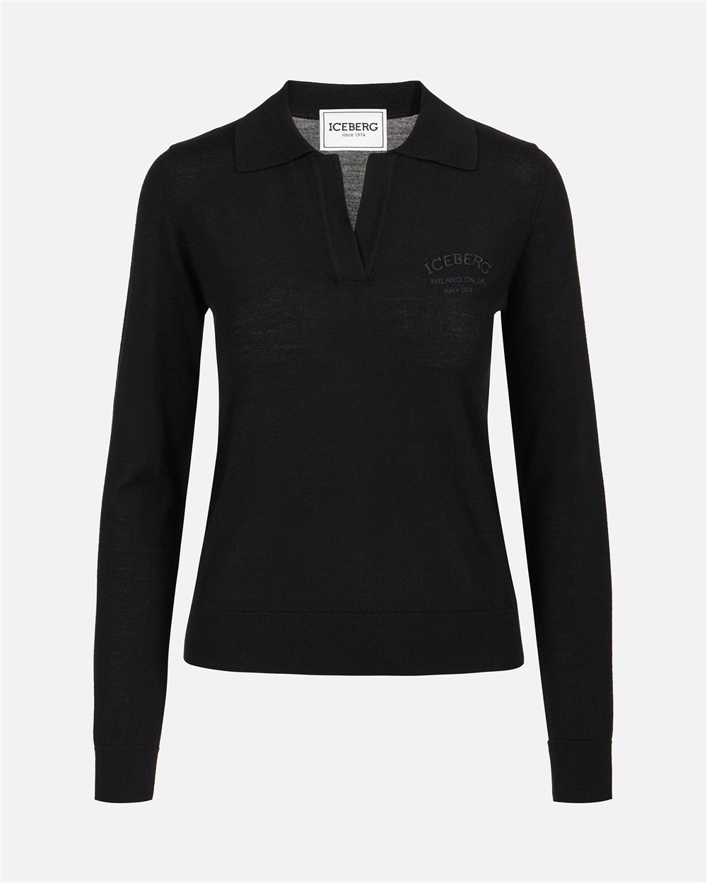 Black long-sleeved polo shirt in extra-fine Merino wool with Iceberg logo - Iceberg - Official Website