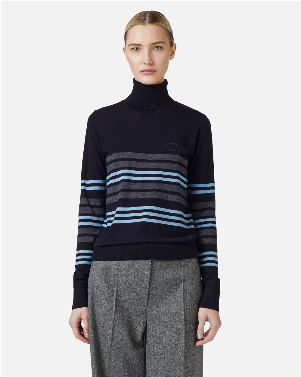 Multicolored long-sleeved turtleneck sweater in extra-fine Merino wool with Iceberg embroidery - Iceberg - Official Website