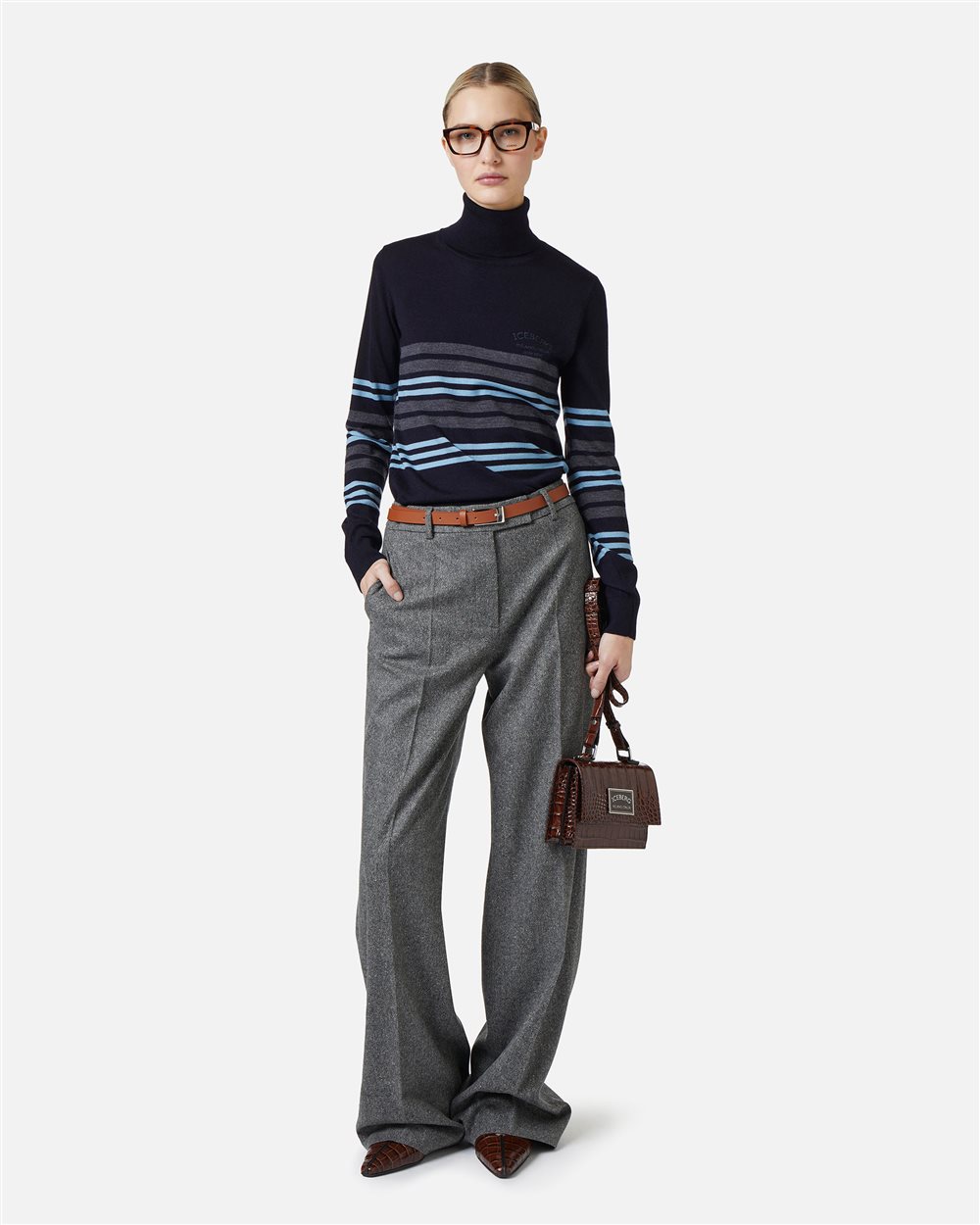Multicolored long-sleeved turtleneck sweater in extra-fine Merino wool with Iceberg embroidery - Iceberg - Official Website