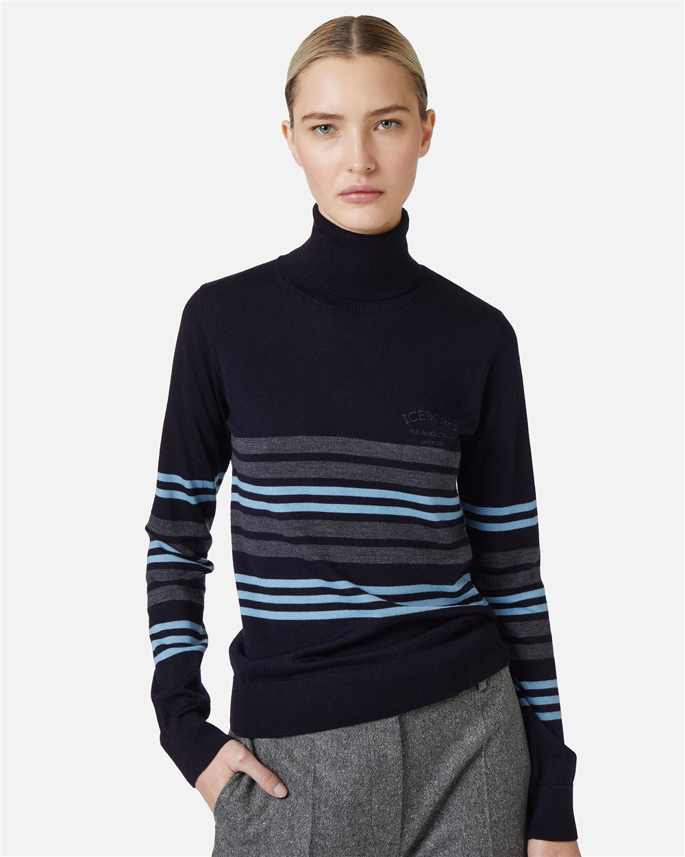 Multicolored long-sleeved turtleneck sweater in extra-fine Merino wool with Iceberg embroidery - Iceberg - Official Website