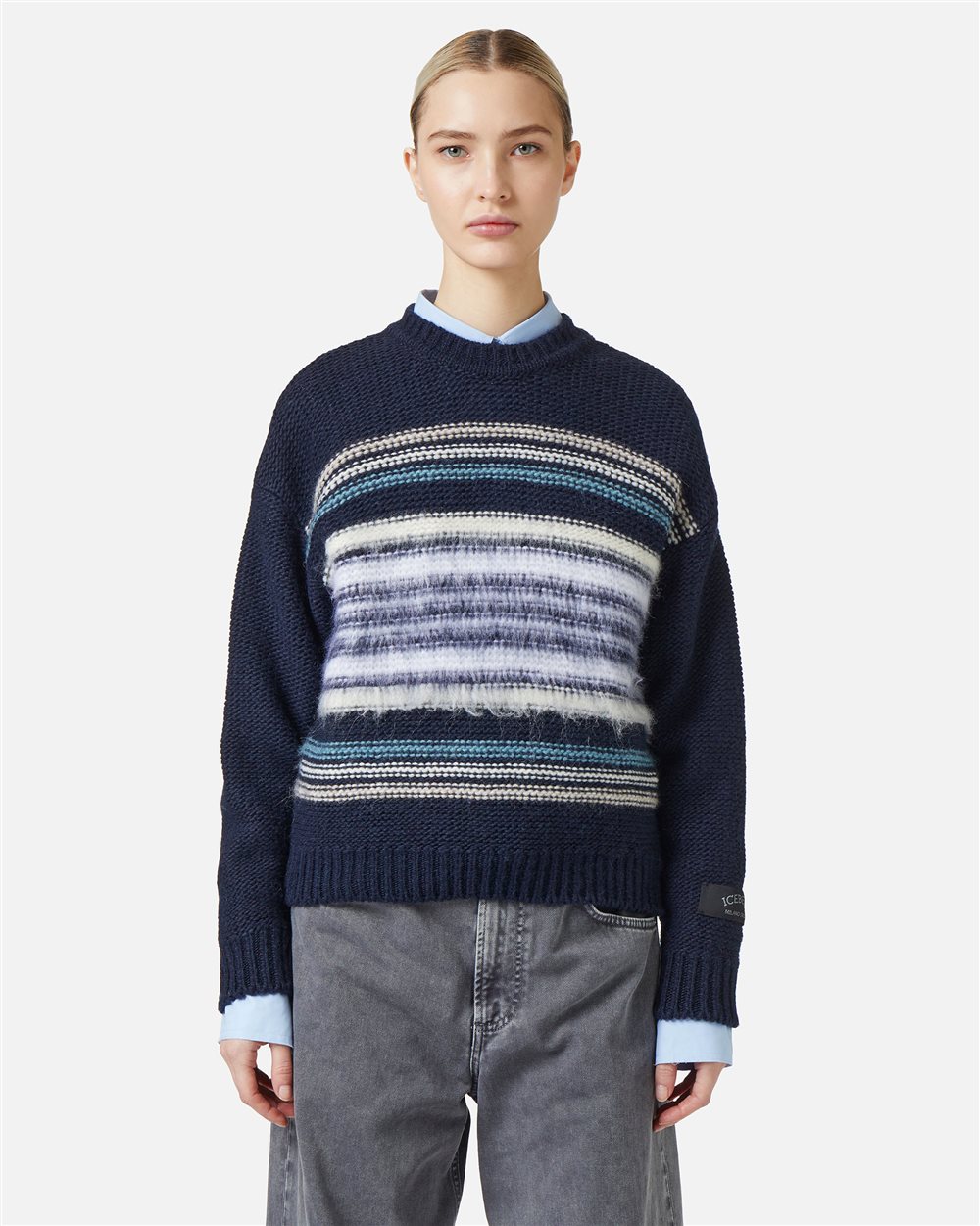 Wool and alpaca crewneck sweater: carded stripes and contrasting textures - Iceberg - Official Website