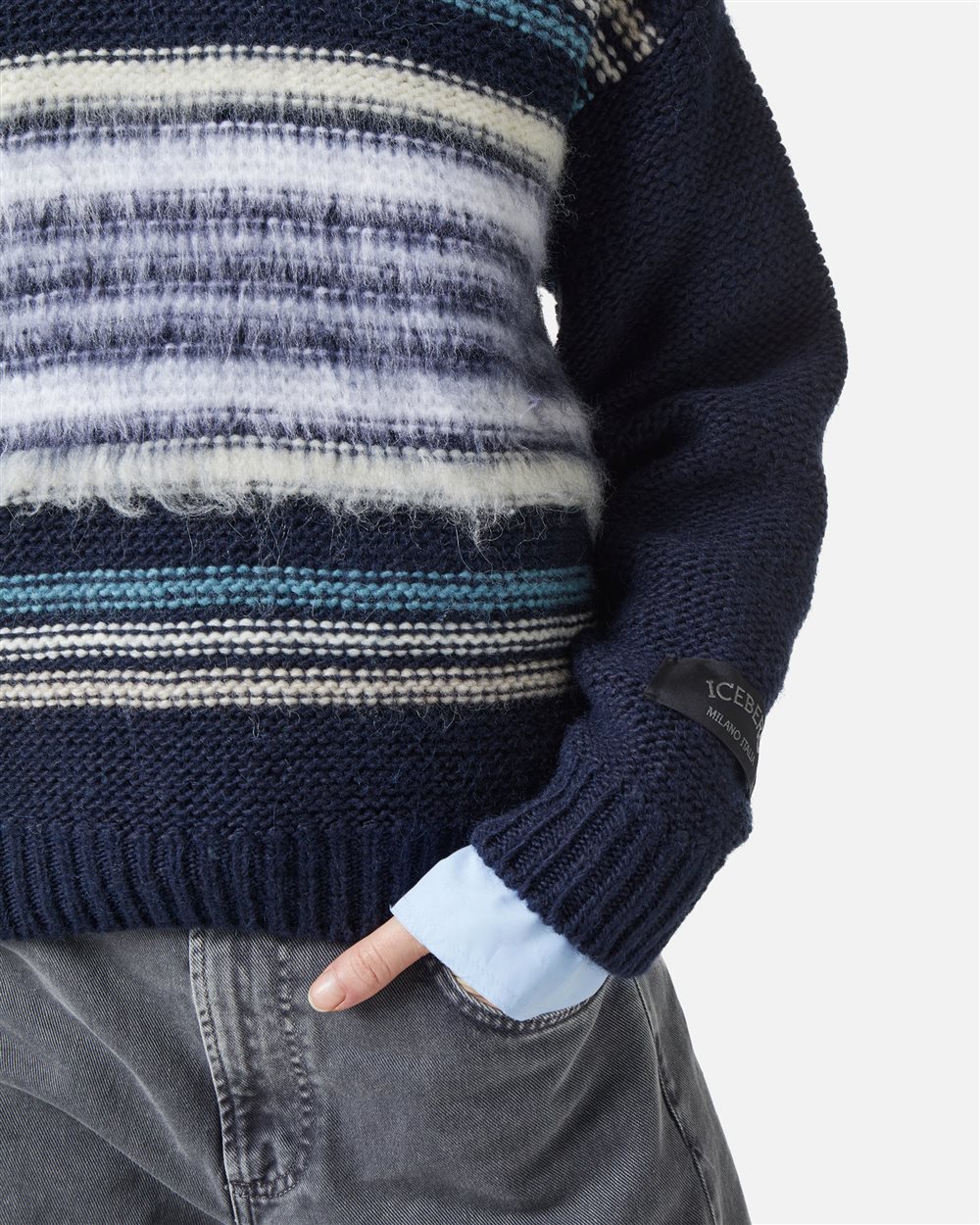 Wool and alpaca crewneck sweater: carded stripes and contrasting textures - Iceberg - Official Website
