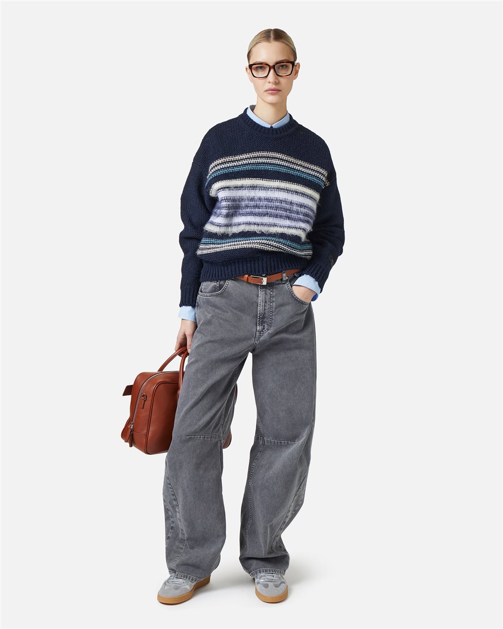 Wool and alpaca crewneck sweater: carded stripes and contrasting textures - Iceberg - Official Website