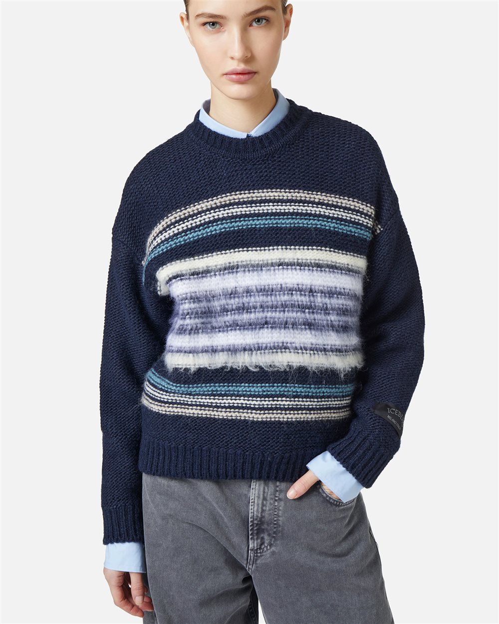 Wool and alpaca crewneck sweater: carded stripes and contrasting textures - Iceberg - Official Website