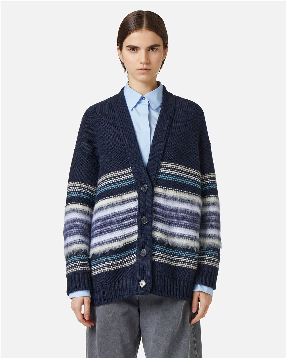 Wool and alpaca cardigan with carded stripes: comfort and texture in the foreground - Iceberg - Official Website