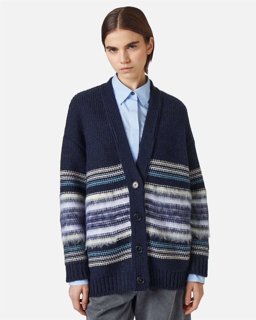 Wool and alpaca cardigan with carded stripes: comfort and texture in the foreground - Iceberg - Official Website